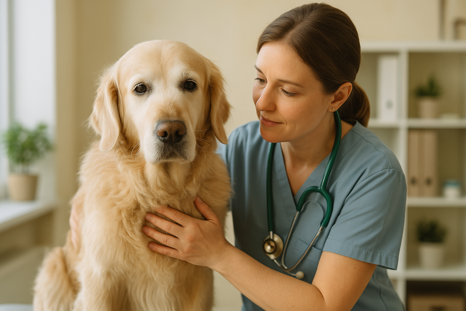 Veterinarian checking an elderly dog for symptoms of kidney disease